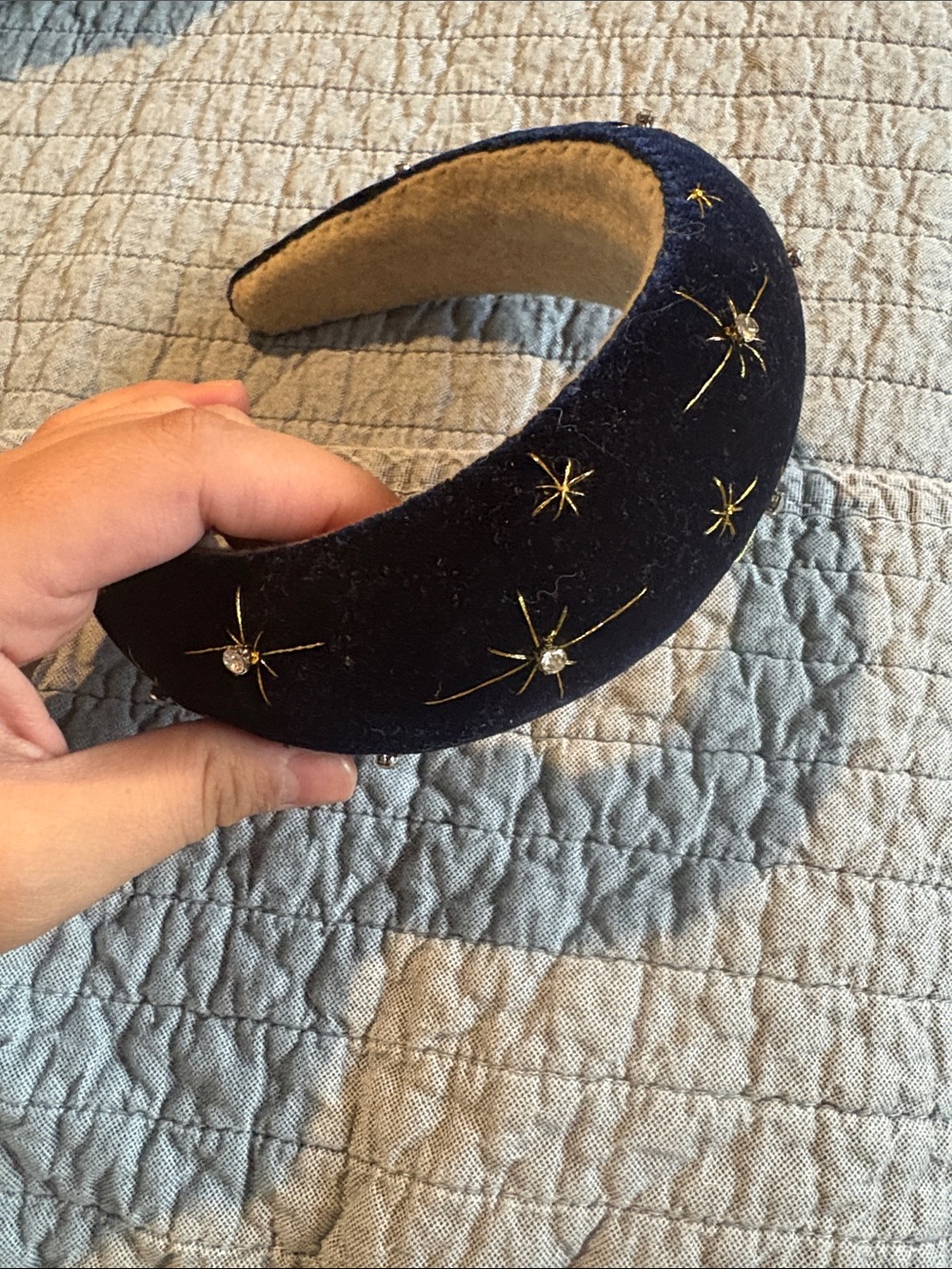 Navy Velvet Padded Headband with Gold Star Motifs
